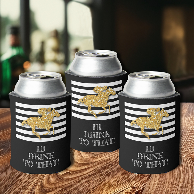 Gold Racehorse Black White Stripes Birthday Can Coolers
