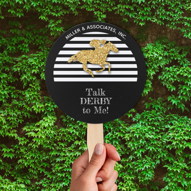 Gold Racehorse Black White Stripes Company Name Hand Fans