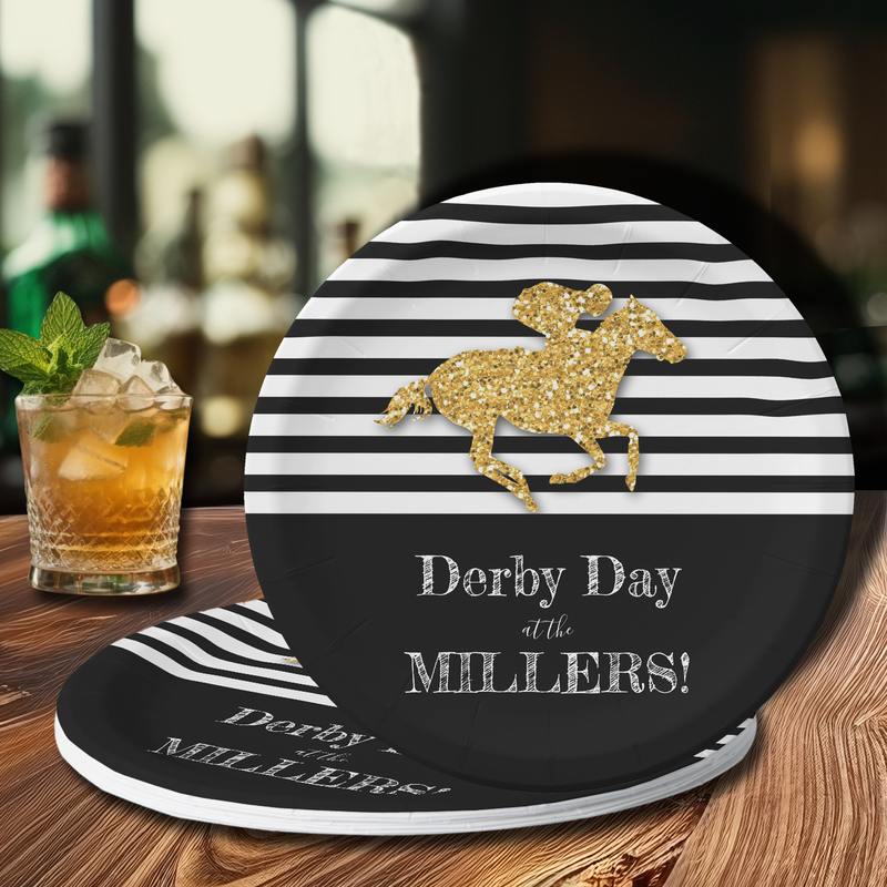Gold Racehorse on Black and White Stripes Paper Plates