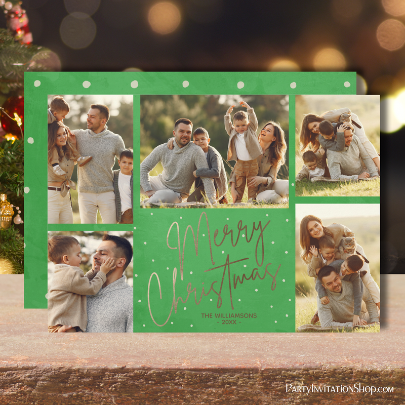 Gold Script Merry Christmas 5 Photo Green Holiday Cards