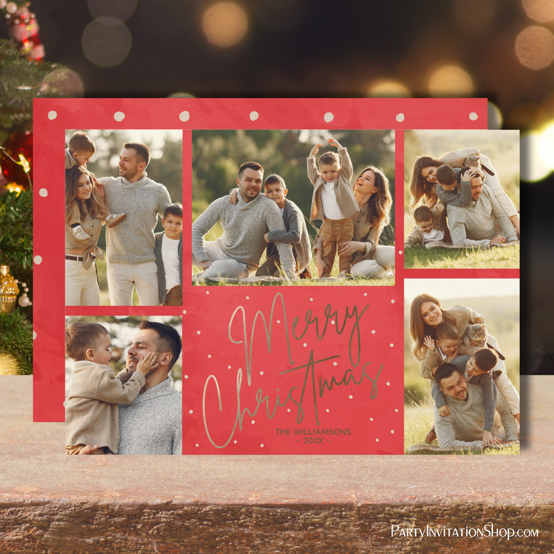 Gold Script Merry Christmas 5 Photo Red Holiday Cards