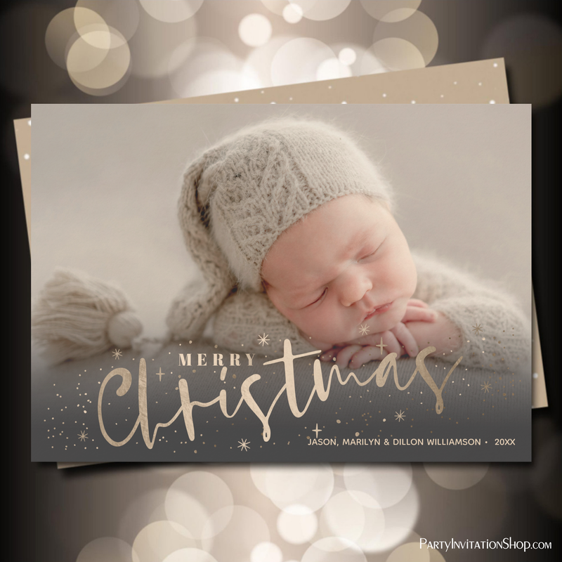 Gold Typography Merry Christmas Photo Holiday Cards