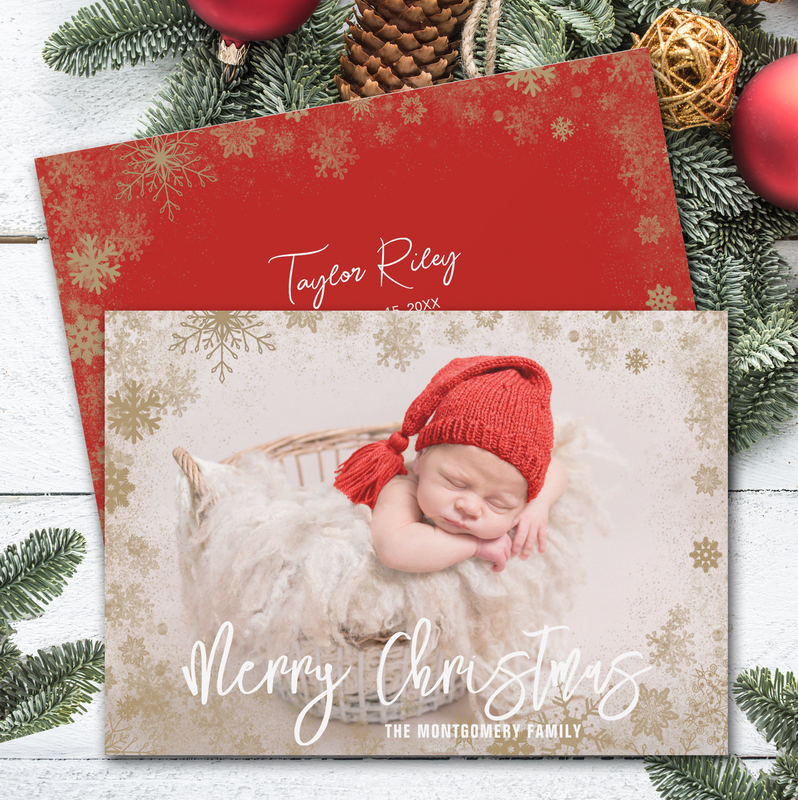 Gold Snowflakes Christmas Photo Birth Announcement