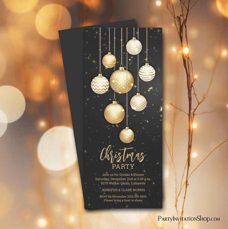 Gold Baubles Christmas Tree Ornaments Party Invitations
