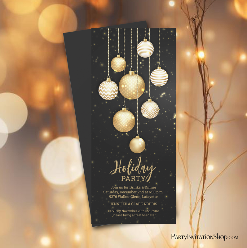 Gold Baubles Christmas Tree Ornaments Invites - MATCHING items in our store at PartyInvitationShop.com
