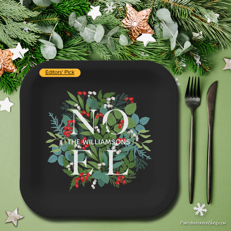 NOEL Greenery Personalized Black Christmas Paper Plates