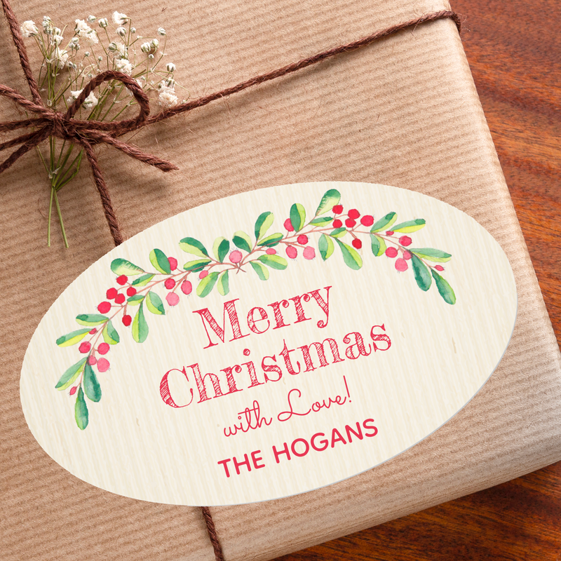 Holly and Berries on Ivory Christmas Holiday Oval Stickers