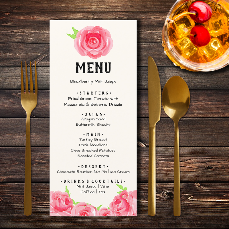 Chic Watercolor Flowers Derby Party Menu
