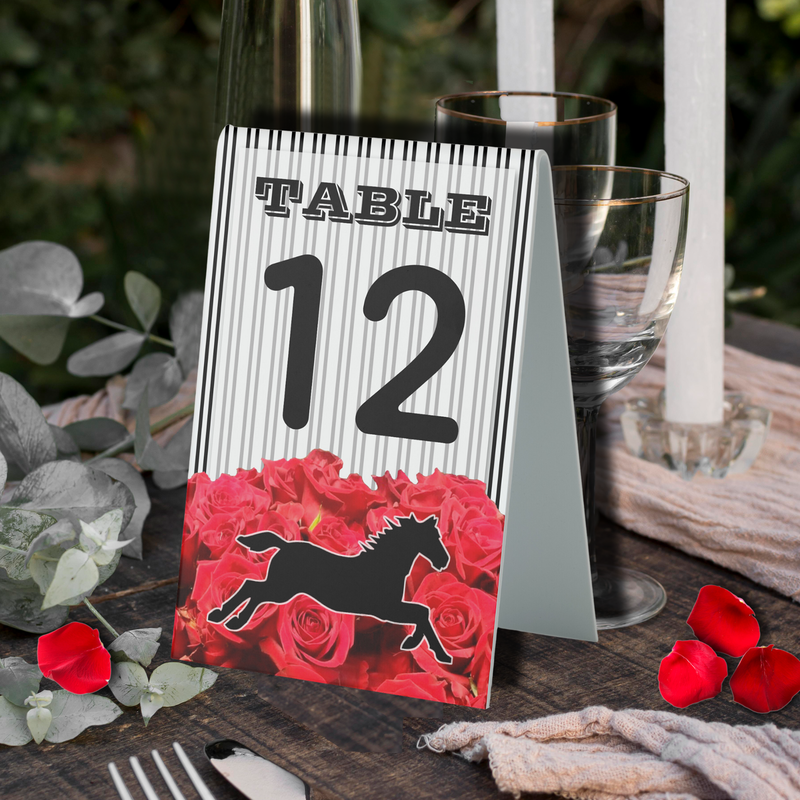 Racehorse Horse, Stripes Red Roses Derby Party Table Tent Sign