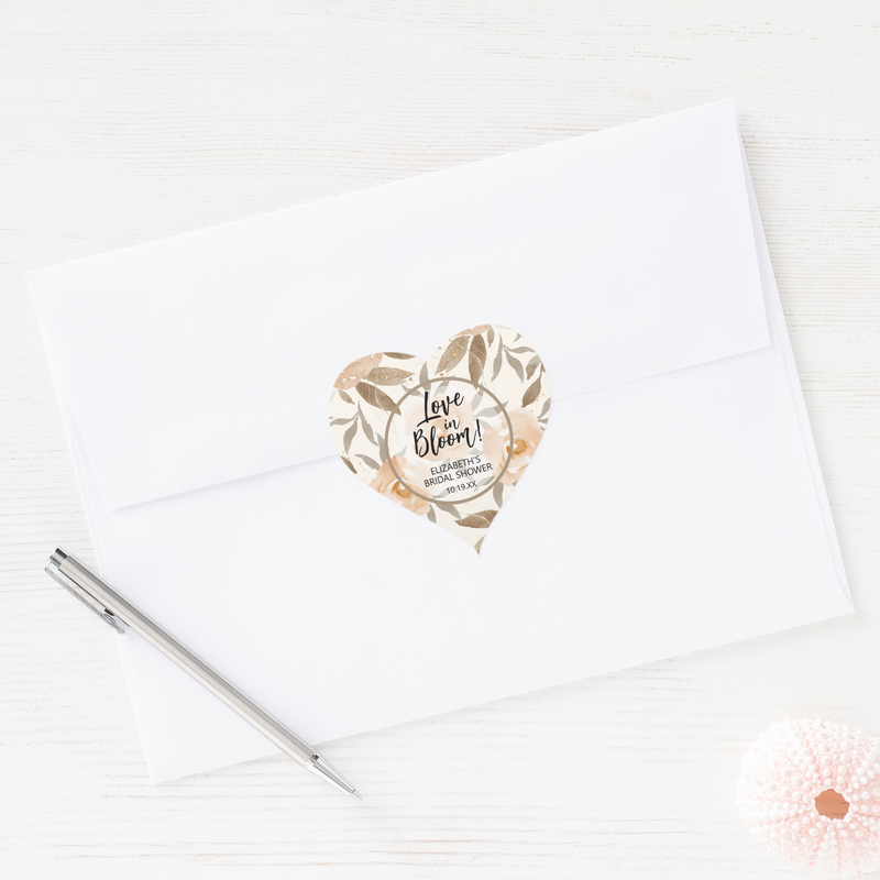 Rustic Love In Bloom Peach Floral Bridal Shower Heart Stickers
