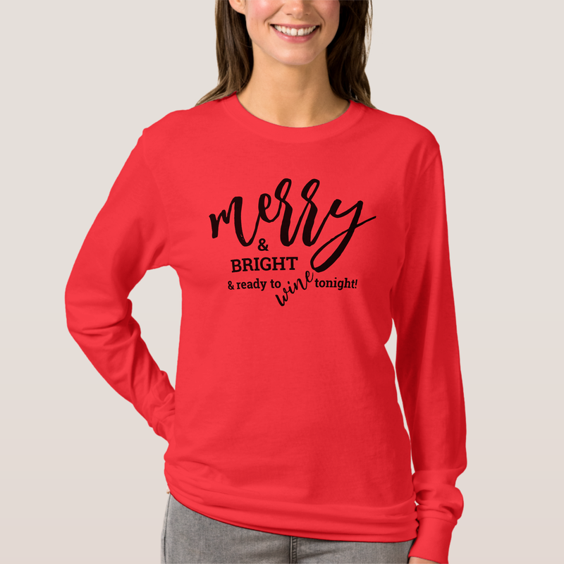 Merry and Bright Wine Tonight Christmas Long Sleeve Red T-Shirt