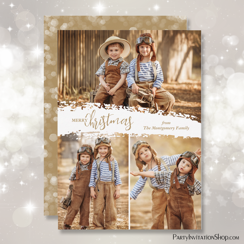 Merry Christmas 3 Photo Collage Gold Christmas Cards