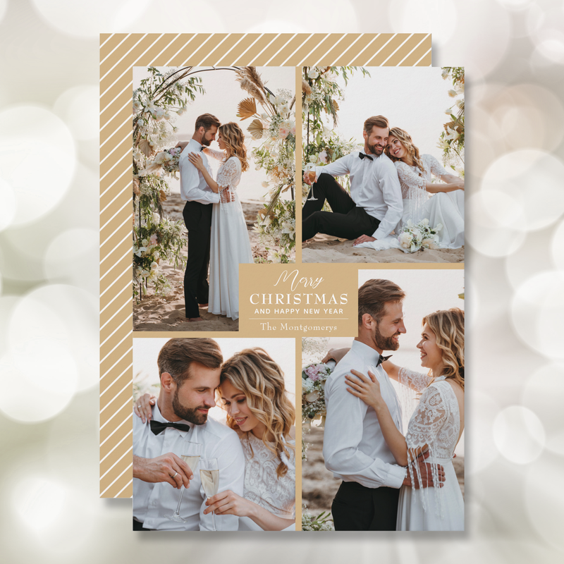 Gold Four Photo Collage Christmas Holiday Cards