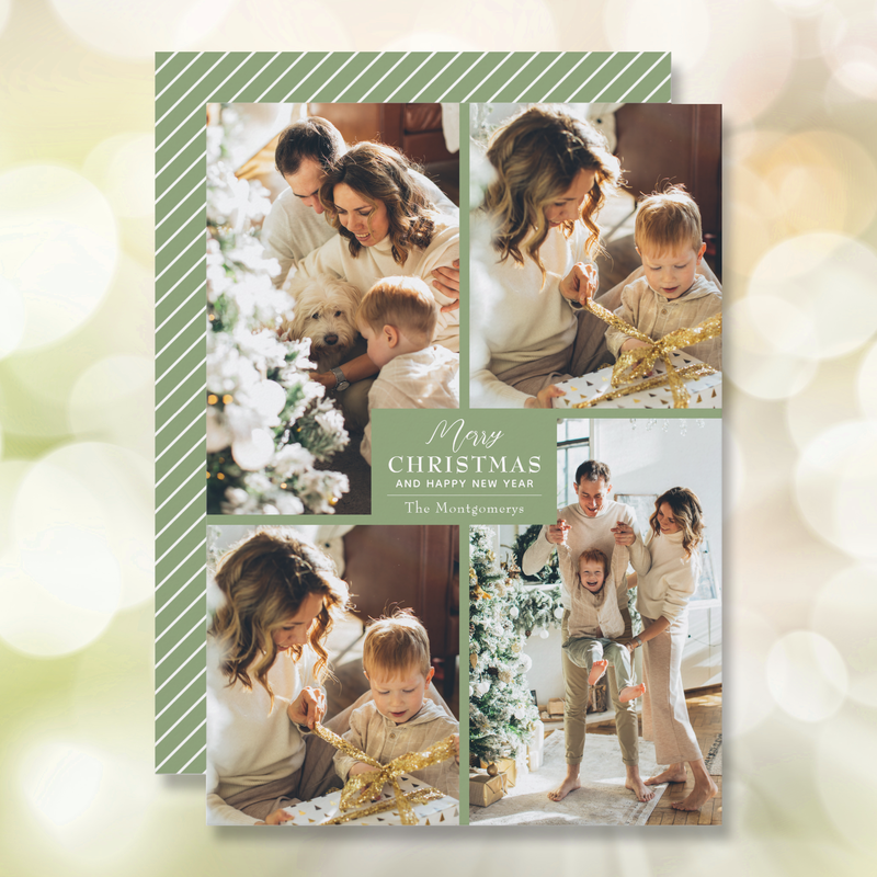 Green Four Photo Collage Christmas Holiday Cards