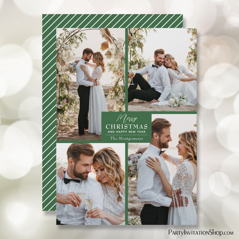 Green Four Photo Collage Christmas Holiday Cards