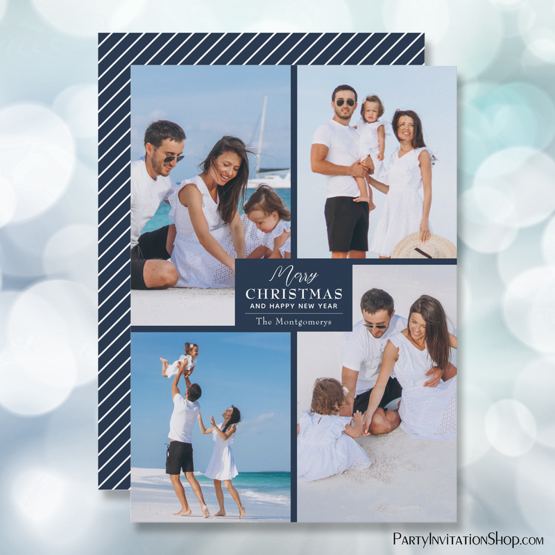 Navy Blue Four Photo Collage Christmas Holiday Cards
