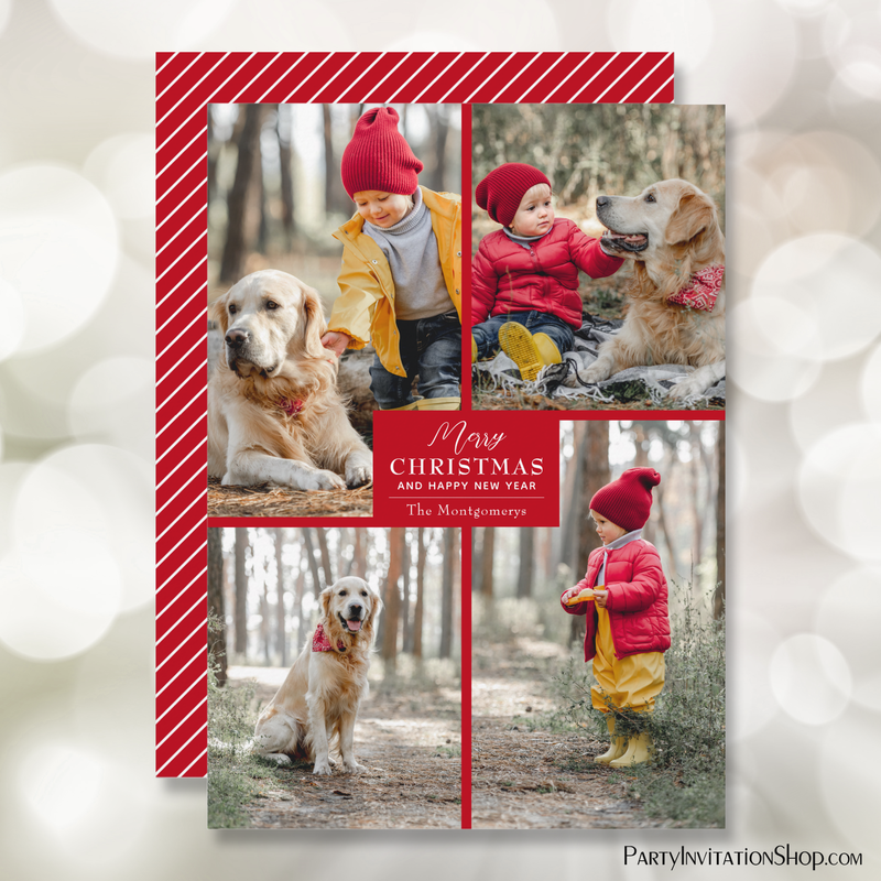 Red Four Photo Collage Christmas Holiday Cards