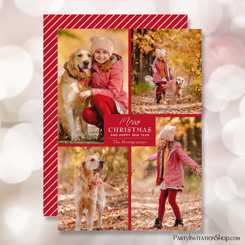 Red Four Photo Collage Christmas Holiday Cards