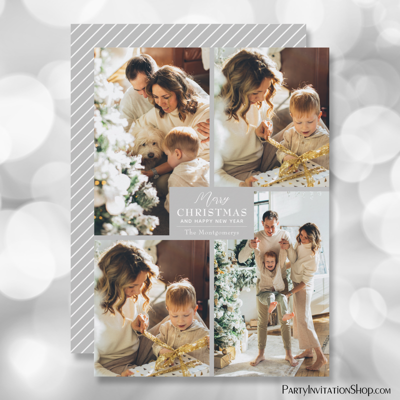 Silver Gray Four Photo Collage Christmas Holiday Cards