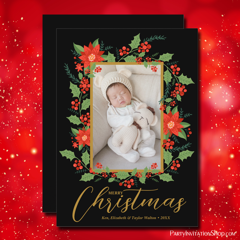  Merry Christmas Floral Black Holiday Photo Cards