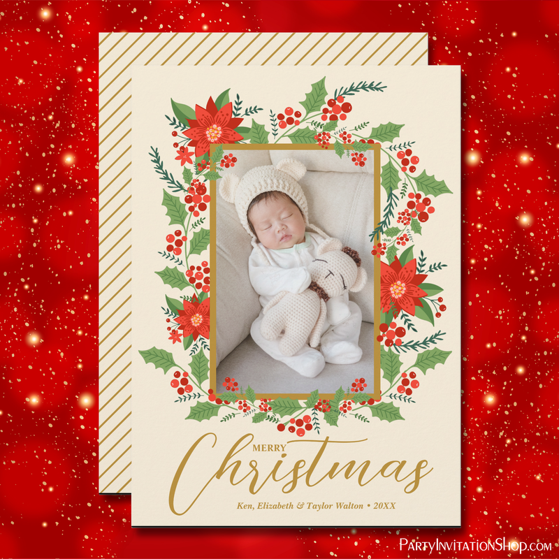  Merry Christmas Floral Ivory Holiday Photo Cards