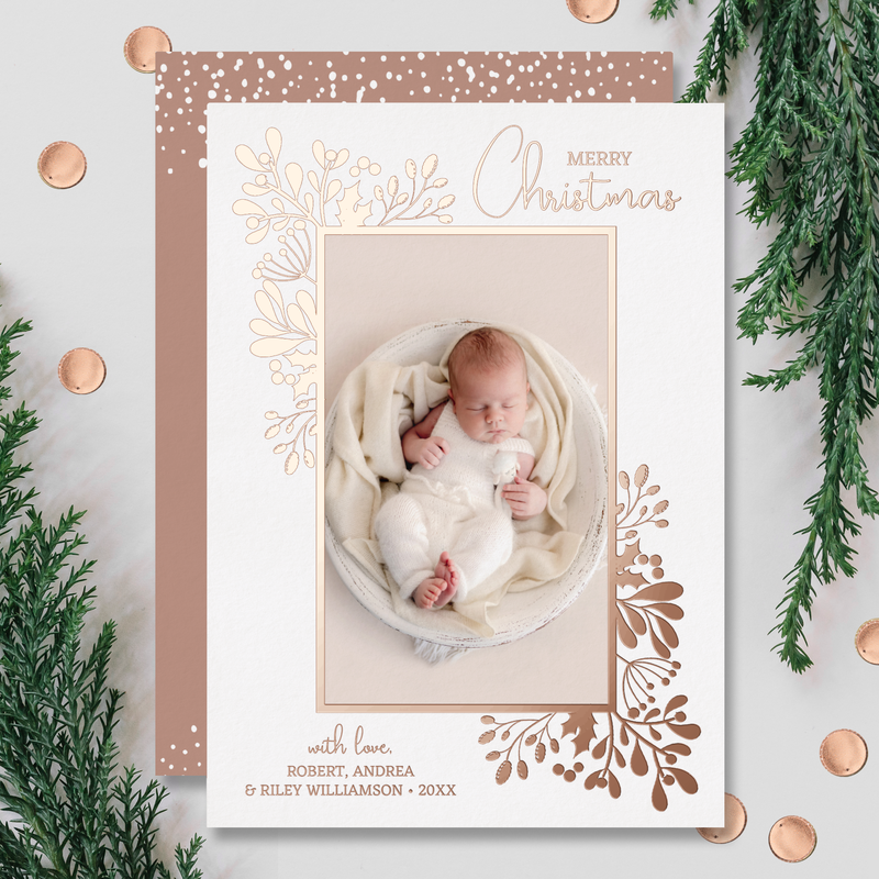 Merry Christmas Greenery Rose Gold Foil Holiday Card