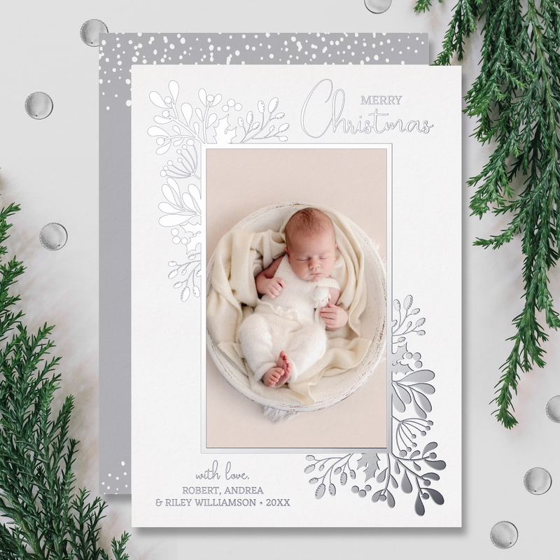 Merry Christmas Greenery Silver Foil Holiday Cards