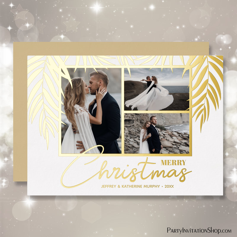 Palms Merry Christmas Multiple Photo Gold Foil Holiday Cards