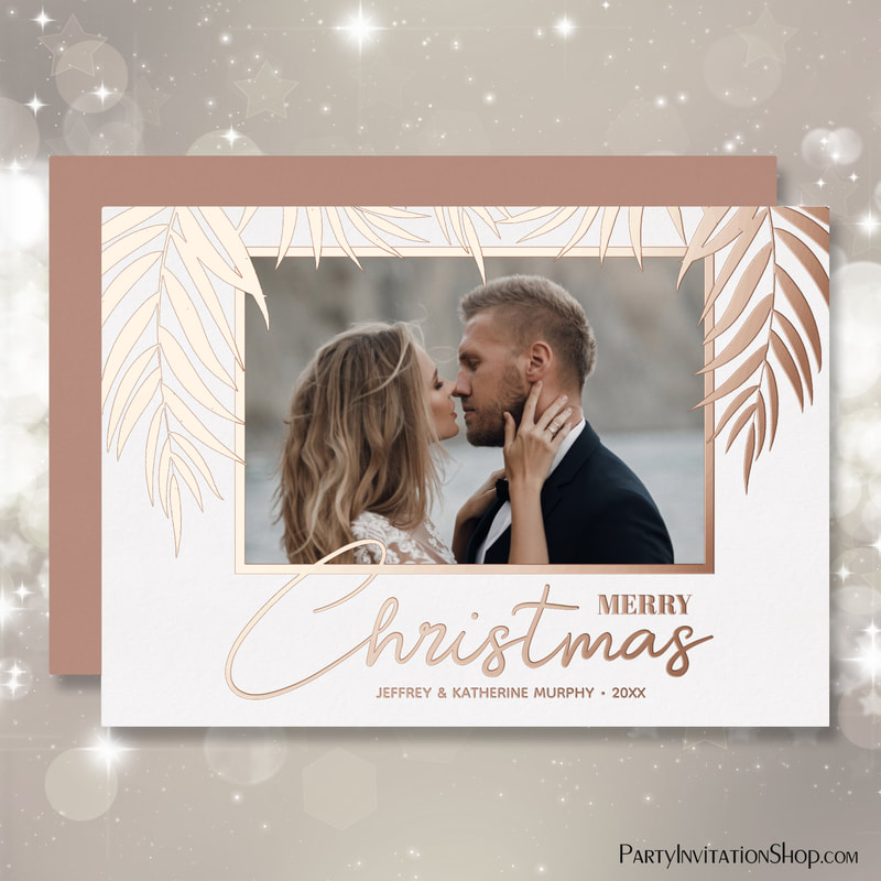 Palms Merry Christmas Photo Rose Gold Foil Holiday Cards