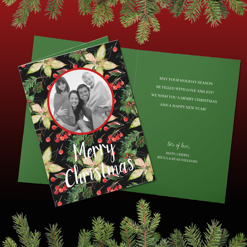Merry Christmas Poinsettias Folded Holiday Photo Cards