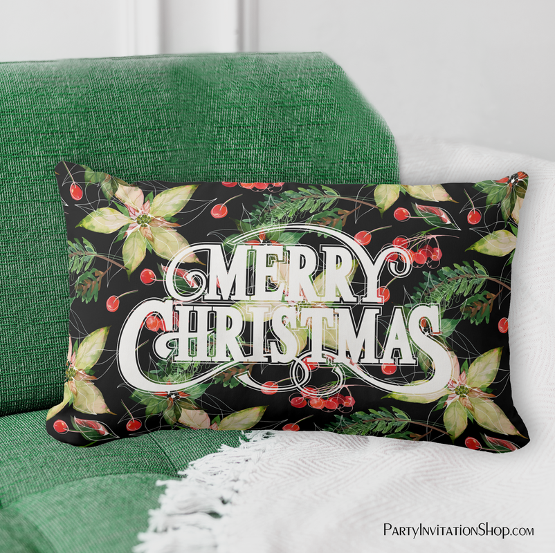 Merry Christmas Poinsettias Holiday Lumbar Pillow