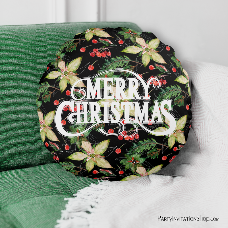 Merry Christmas Poinsettias Holiday Round Pillow