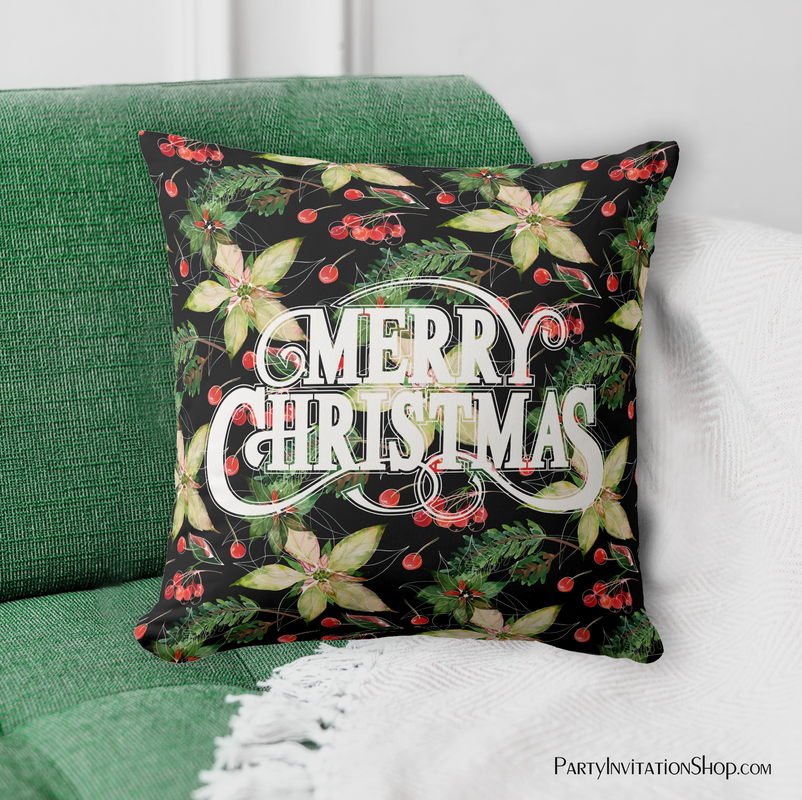 Merry Christmas Poinsettias Holiday Throw Pillow