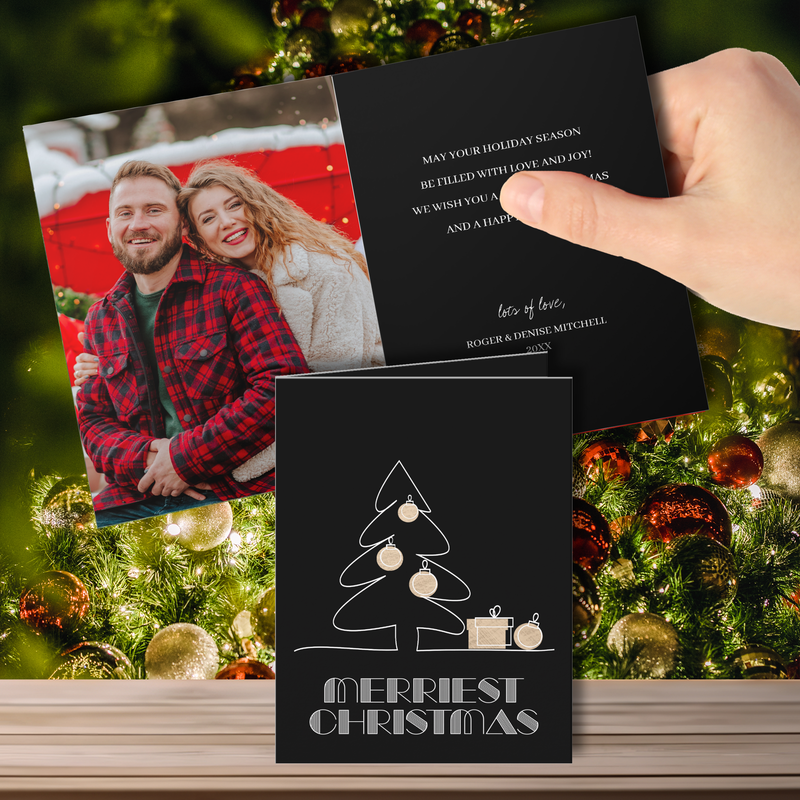 Merry Christmas Tree Black Folded Photo Holiday Greeting Cards