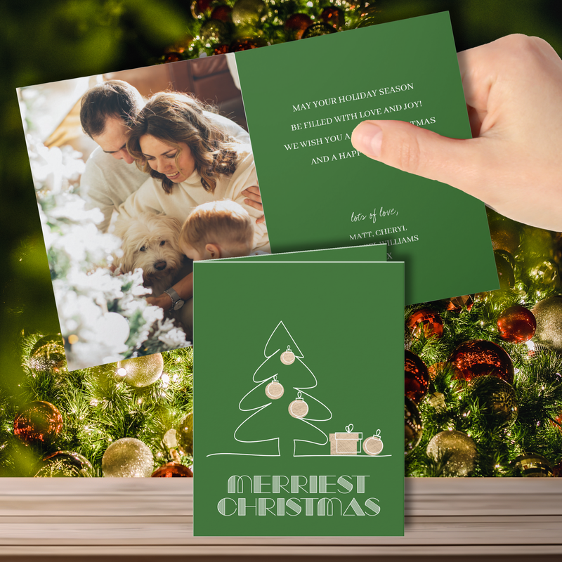 Merry Christmas Tree Green Folded Photo Holiday Greeting Cards