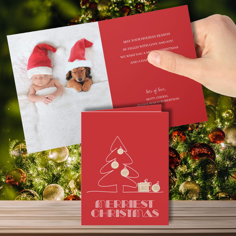 Merry Christmas Tree Red Folded Photo Holiday Greeting Cards