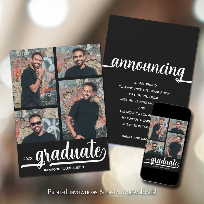 Modern 4 Photo Collage Black Graduation Announcements