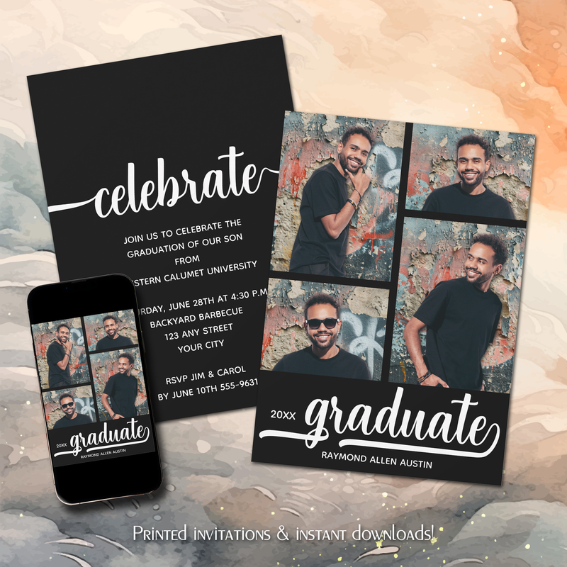 Modern 4 Photo Collage Black Graduation Invitations