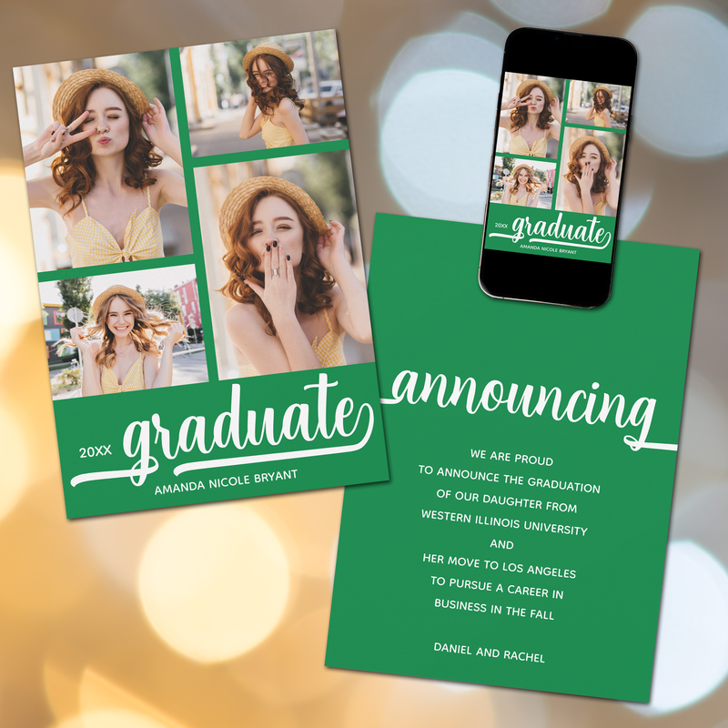 Modern 4 Photo Green Graduation Announcements