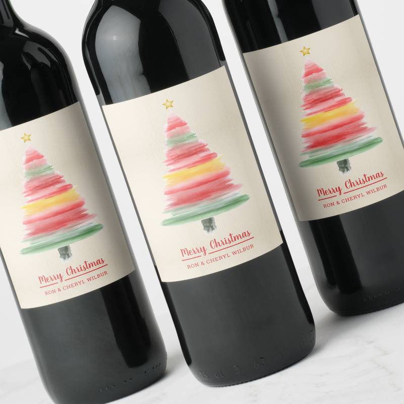 Modern Watercolor Christmas Tree Wine Label