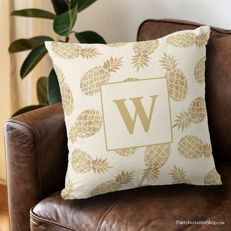 Monogram Gold Pineapples on Ivory Throw Pillow