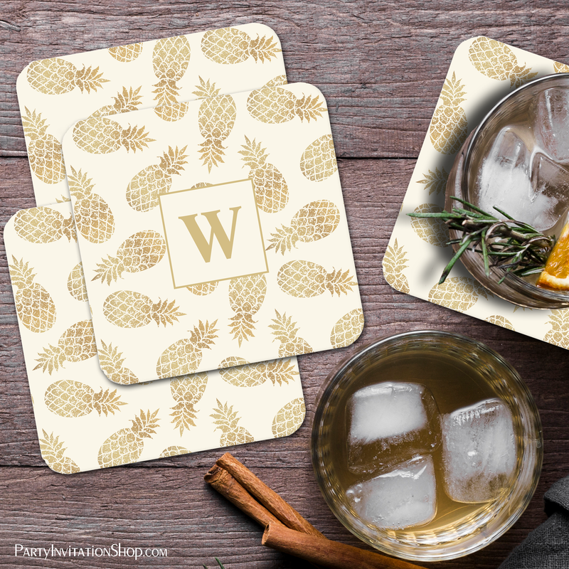 Monogram Gold Pineapples on Ivory Square Paper Coasters