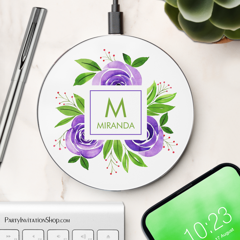 Monogram Name Purple Floral Wireless Smartphone Charger