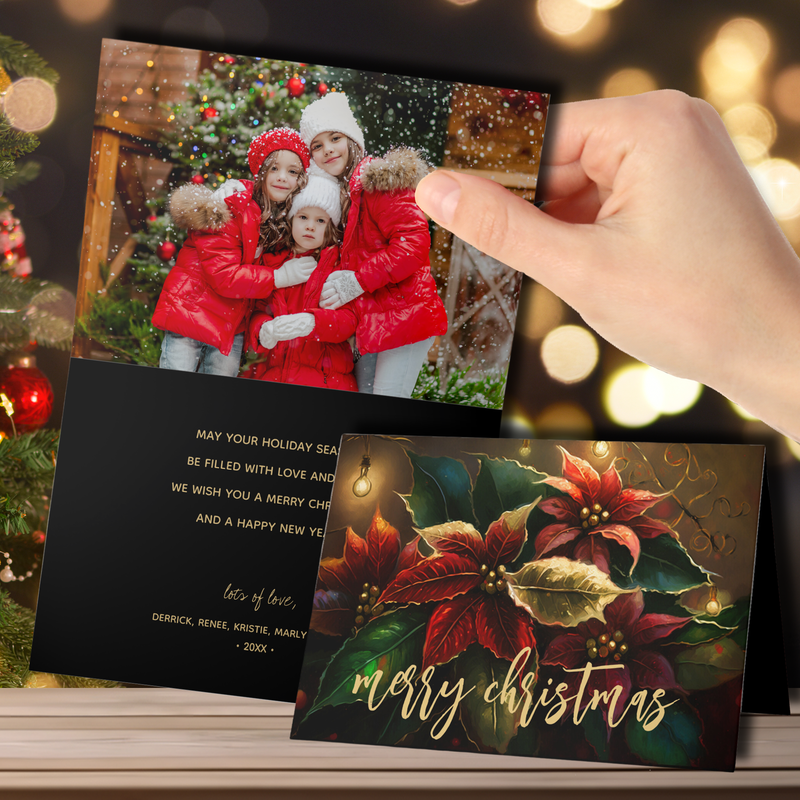 Poinsettias Merry Christmas Folded Photo Holiday Cards