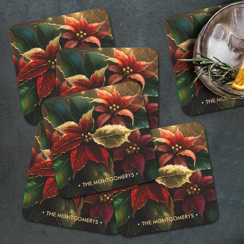 Poinsettias Christmas Holiday Square Paper Coasters