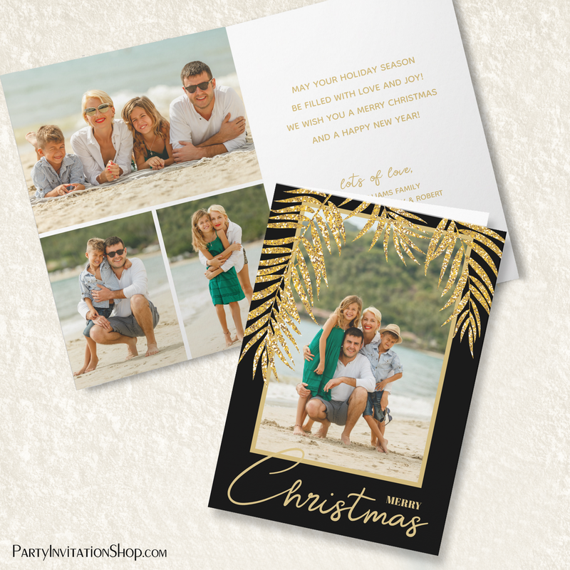 Multi Photo Tropical Palms Black Folded Christmas Holiday Cards