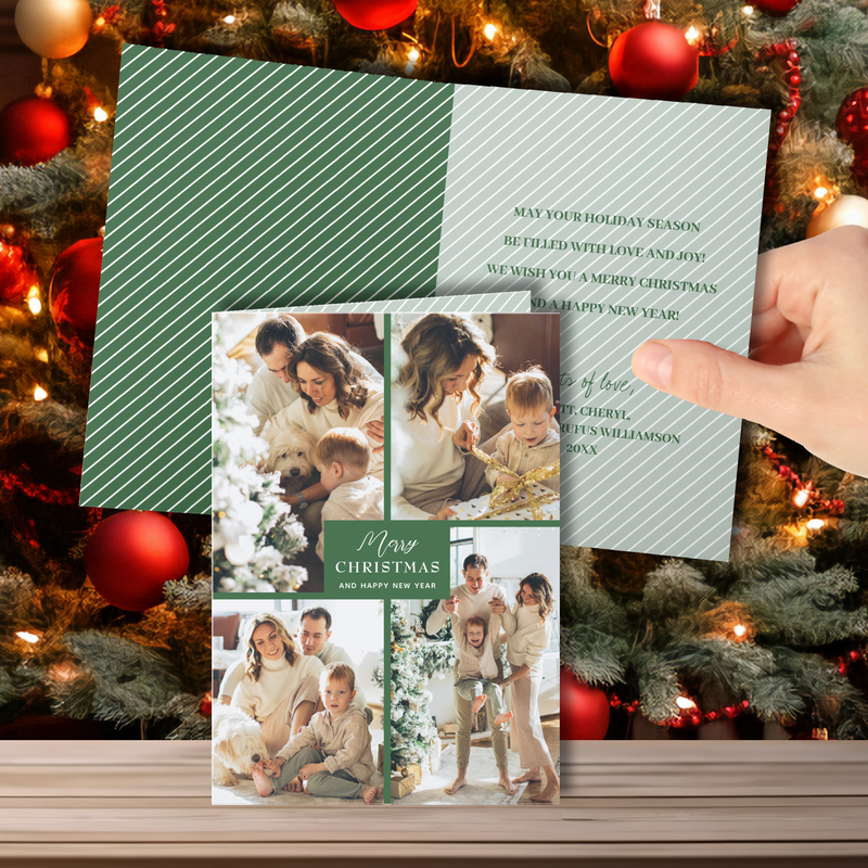 Multiple Photo Merry Christmas Folded Green Holiday Cards