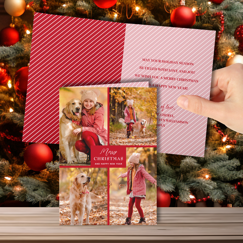 Multiple Photo Merry Christmas Folded Red Holiday Cards