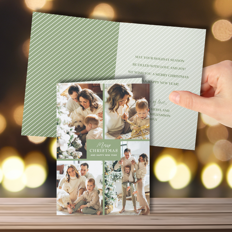 Multiple Photo Merry Christmas Folded Sage Green Holiday Greeting Cards