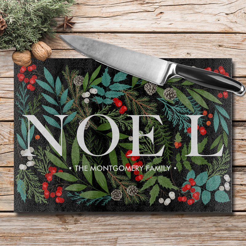 NOEL and Greenery on Black Cutting Board